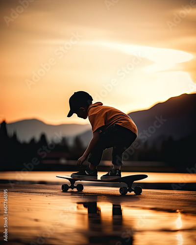young boy learns to skateboard, skate park with a forest landscape, orange light color of the sunset