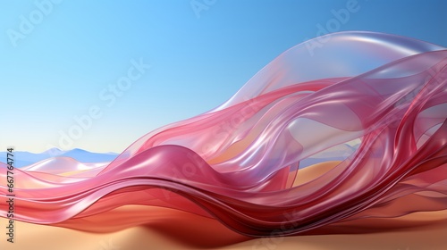 The pale pink cloth flutters in the endless desert  a symbol of hope against the vast expanse of the deep blue sky