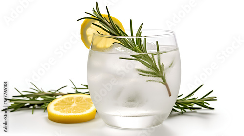 Fresh homemade lemonade with rosemary  lemon and ice in a wide glass on a light table.