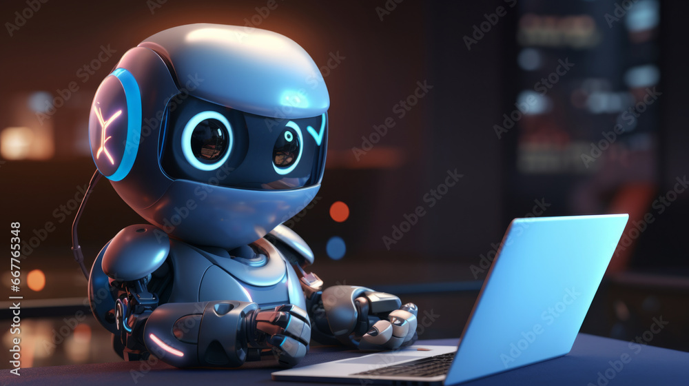 Cute artificial intelligence robot chatbot with laptop. Robot chatting or working Cute artificial intelligence robot chatbot with laptop. Robot chatting or working