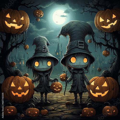 Cute, scary Haloween pair with pumpkins and church in the background.