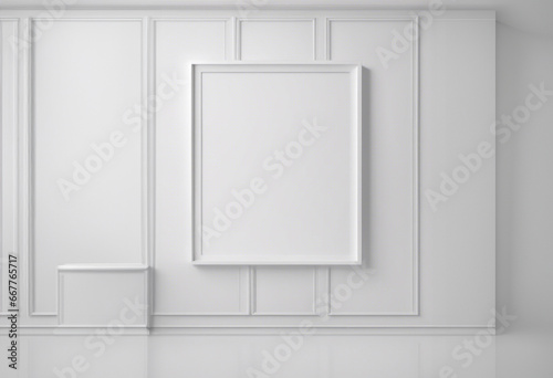 Stanza bianca con cornice per foto mockup al centro della parete