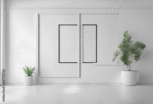 Stanza bianca con doppia cornice per foto mockup al centro della parete, corredata da due piante photo