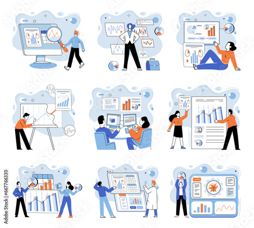 Data analysis. Vector illustration. Financial data analysis helps businesses identify trends and make informed decisions The data analysis metaphor highlights transformative potential analyzing