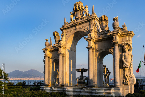 View on the Giant Fountain (Immaculatella Fountain) in the road between Partenope Street and Nazario Sauro Street at the seafront of Naples Campania, Italy, Europe. photo