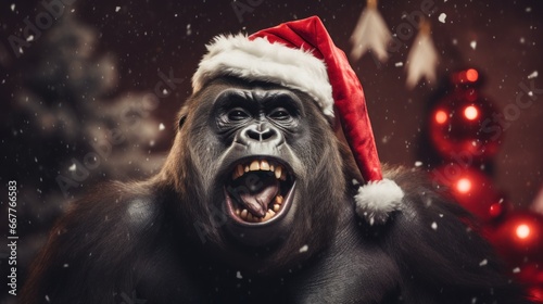 Christmas holidays concept. Cute gorilla in Santa red hat.