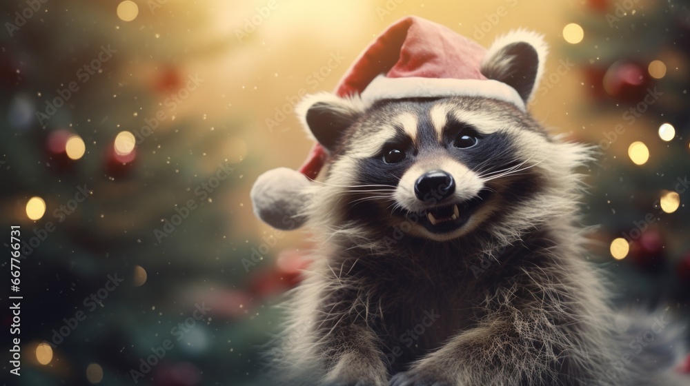 Christmas holidays concept. Cute raccoon in Santa red hat. - obrazy, fototapety, plakaty 