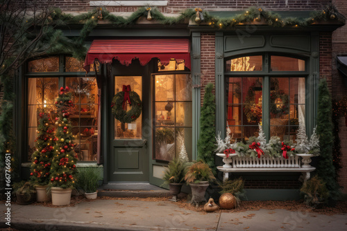 A quaint holiday storefront adorned with decorations  lights  and wreaths  suitable for Merry Christmas and New year holiday greetings. Generative AI