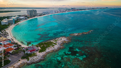 Cancun Riviera Maya Mexico Aerial of Caribbean Sea tropical sandy beach waterfront resort building travel holiday destination 