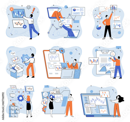 Data analysis. Vector illustration. The stock market heavily relies on data analysis to inform investment decisions Strategic planning involves data analysis to identify opportunities and develop