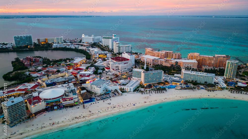 aerial of Cancun Mexico riviera Maya Coastal Beach with Blue Turquoise Waters at Mexico's Famous Tourist Landmarks for Vacation and Holidaymakers