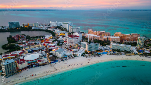 aerial of Cancun Mexico riviera Maya Coastal Beach with Blue Turquoise Waters at Mexico's Famous Tourist Landmarks for Vacation and Holidaymakers photo