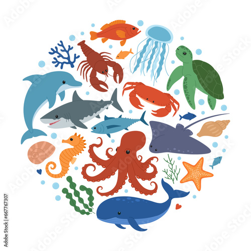 Sea and ocean animals in circle shape. Cute dolphin, whale, crab, seahorse, starfish, lobster, turtle, stingray, octopus, shark, jellyfish and fish. Wild marine creatures. Vector illustration
