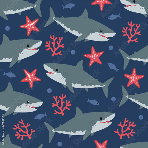 Seamless pattern with cute grey sharks, starfish, seaweed, fish and bubbles. Vector flat illustration isolated on blue background. Marine print with sea and ocean animals