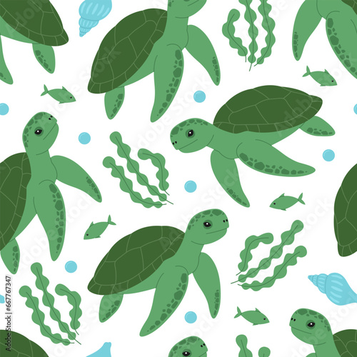 Seamless pattern with cute green turtles, seaweed, shells, fish and bubbles. Vector flat illustration isolated on white background. Marine print with sea and ocean animals