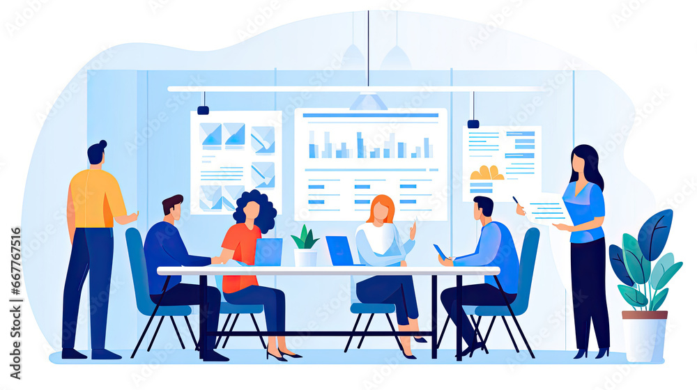 A header image for a project kickoff meeting. Depicts a team planning and setting goals A header image for a project kickoff meeting. Depicts a team planning and setting goals
