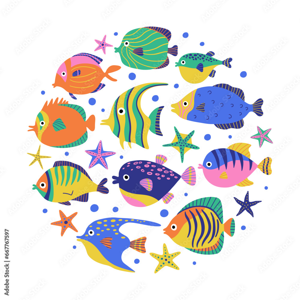 Cartoon ocean underwater animals,  fishes, starfishes. Marine life background. Ocean wild life round composition. Hand drawn vector illustration isolated on white background. 