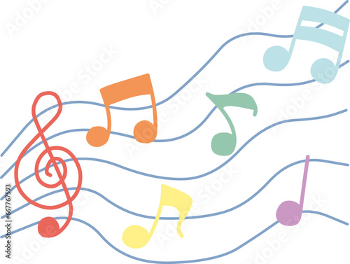 五線譜に乗せた様々な音符のデフォルメしたカラーイラスト