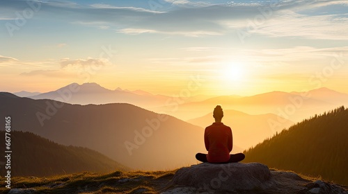 meditation at Mountain landscape at sunset, Generative AI