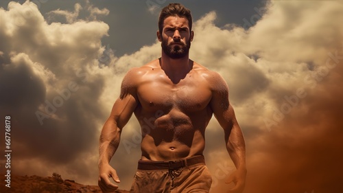 Sexy portrait of male model naked in the desert sand wearing underwear. a bare-chested man walks through the desert