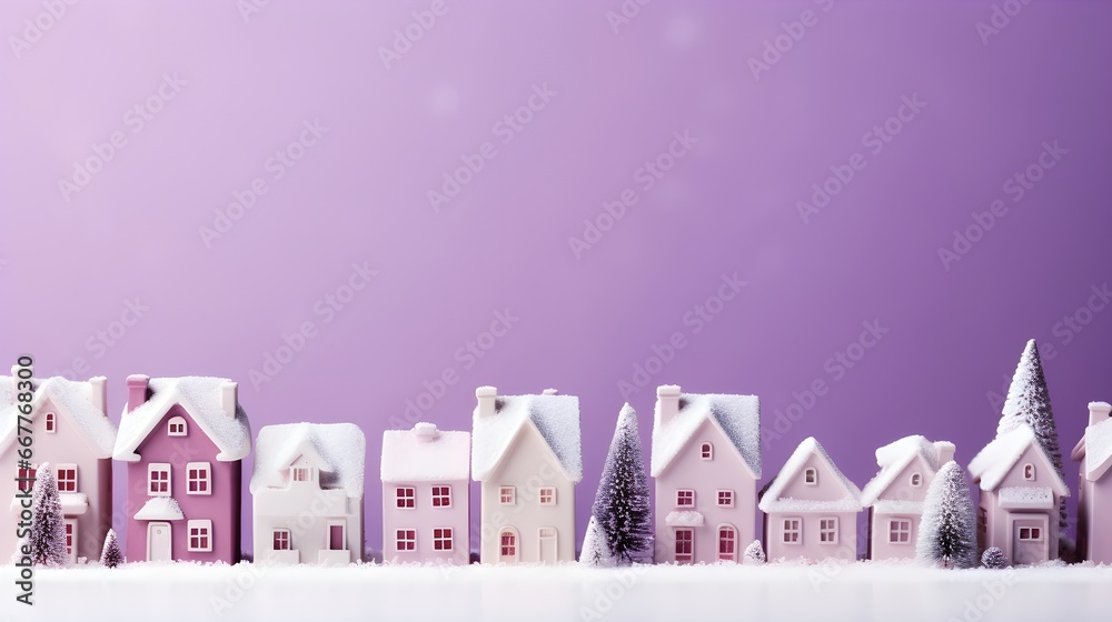 White miniature houses in row on purple background, Christmas Holiday theme, christmas trees, snowing, bokeh lights landscape banner