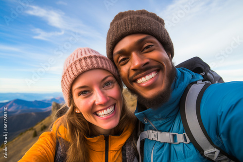 multiracial couple poses for a selfie photo. asian and american background, mountain