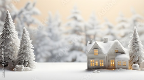 White miniature houses in row on white christmas background  Christmas Holiday theme  snowing  bokeh lights landscape banner  white trees