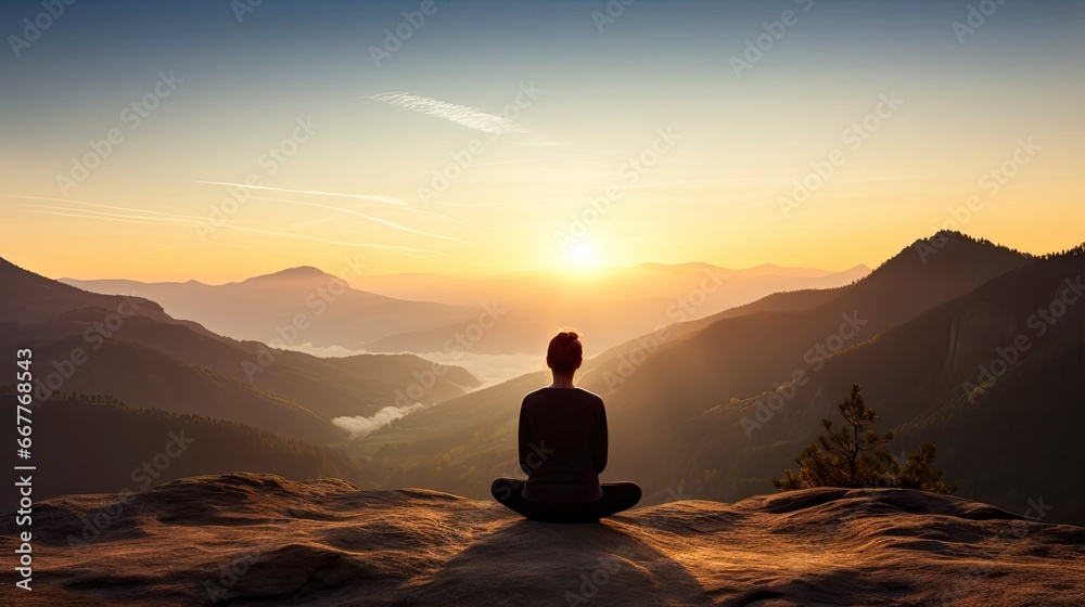 meditation at Mountain landscape at sunset, Generative AI meditation at Mountain landscape at sunset, Generative AI