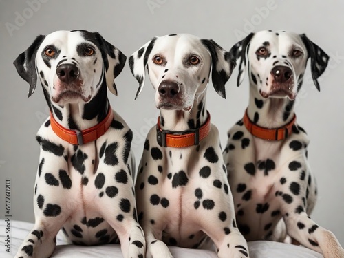 Tres perros d  lmata mirando hacia el frente sobre fondo blanco 