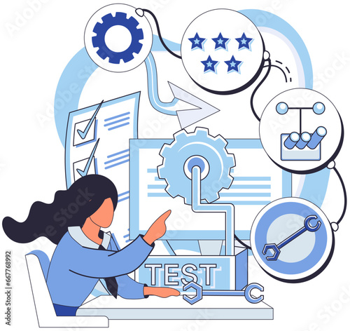 Application testing metaphor. Vector illustration. Application testing, meticulous process to ensure flawless user experiences App test, litmus paper of apps performance Software testing, guardiangel