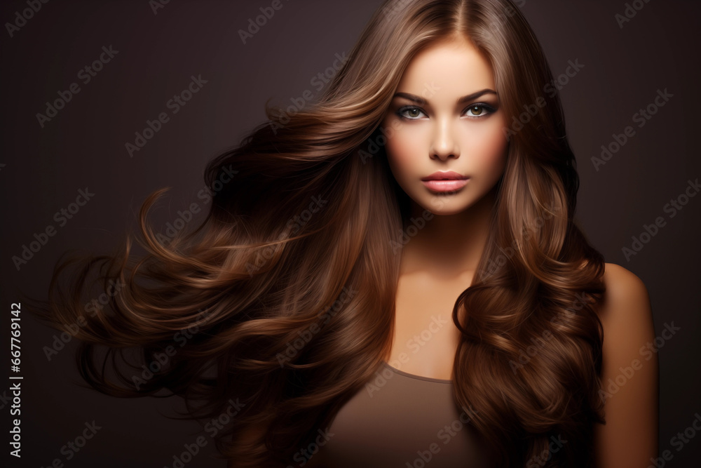 Fototapeta premium portrait of a long hair brunette woman on dark background 
