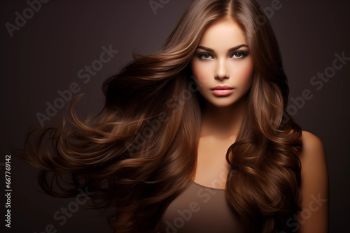 portrait of a long hair brunette woman on dark background 