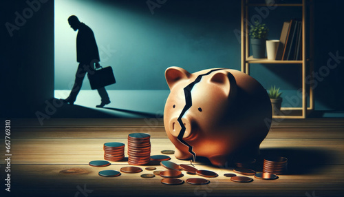  A broken piggy bank with some coins. A man walking away in the background. Insolvency or bankruptcy concept. Liquidation. Difficult times. Economic downturn. Foreclosure. Can't pay the bills.