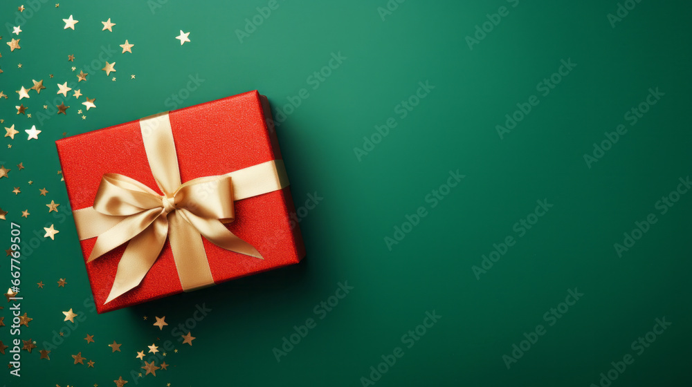 Red gift box with gold ribbon or bow on a green background. Valentine, Christmas or birthday Red gift box with gold ribbon or bow on a green background. Valentine, Christmas or birthday