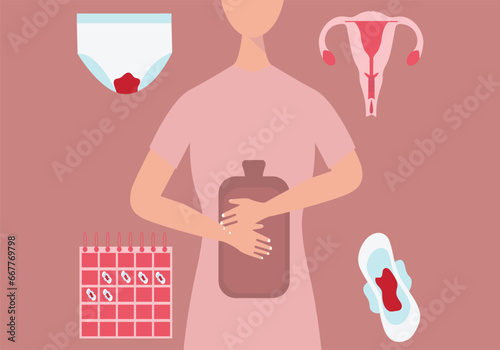 Woman having period pain and menstrual. Sad woman Feel Pain and Cramps during Menstruation Period, Premenstrual Syndrome, Ovaries. Cartoon People Vector Illustration.