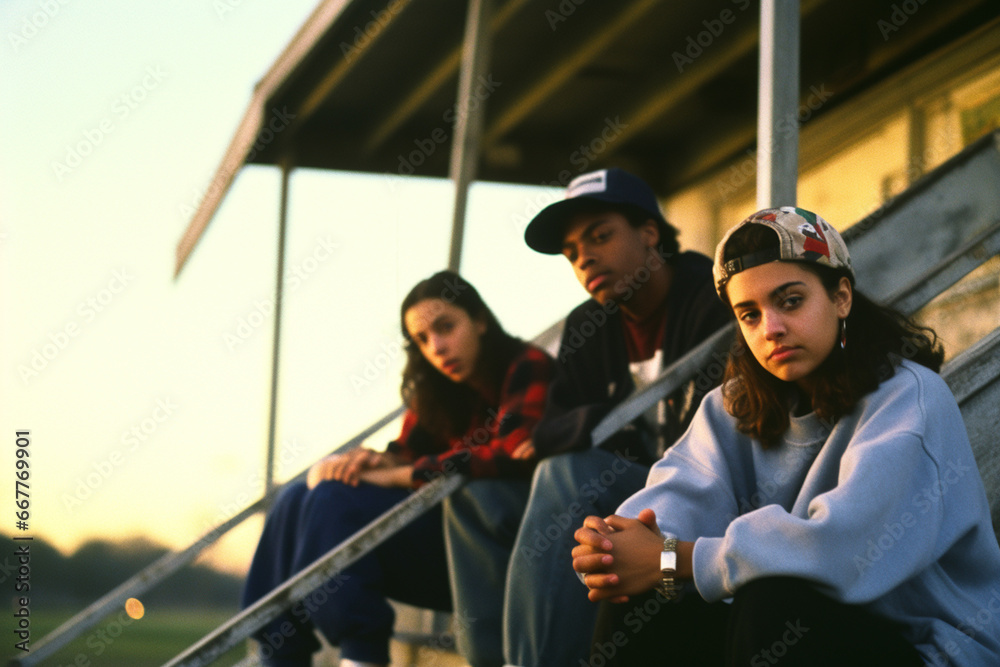 Stylish teenagers sitting at statium strair, 1980s image style
