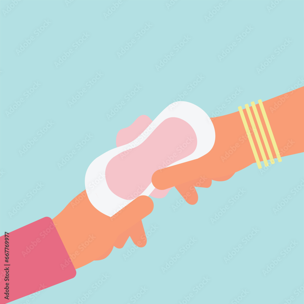 Mother Giving sanitary pad to her daughter on first period. Human hand holding sanitary pad flat vector illustration. - obrazy, fototapety, plakaty 