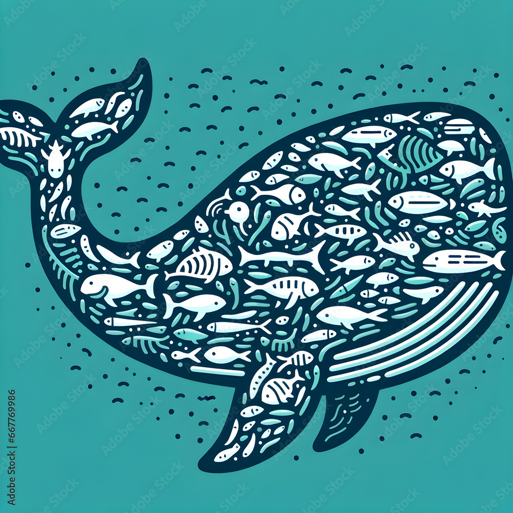 Naklejka premium Artistic Illustration of Whale Filled with Fish Patterns on Teal Background: Concept of Marine Life Harmony, Biodiversity, and Ocean Ecosystem Unity