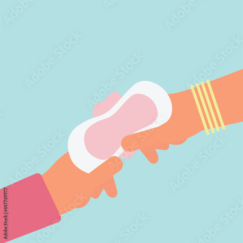 Mother Giving sanitary pad to her daughter on first period. Human hand holding sanitary pad flat vector illustration. photo