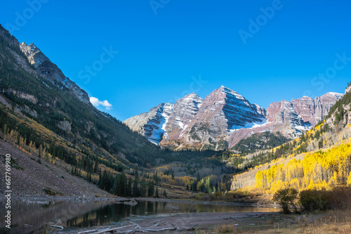 The Maroon Bells on an early autumn morning in Aspen, Colorado