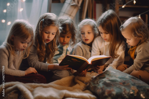 Group of children reading book in kindergarten photo