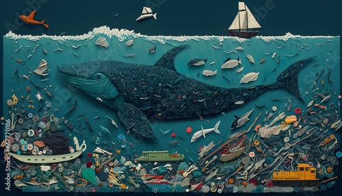 whale swimming in waste environment, ocean pollution with plastic 2D design illustration