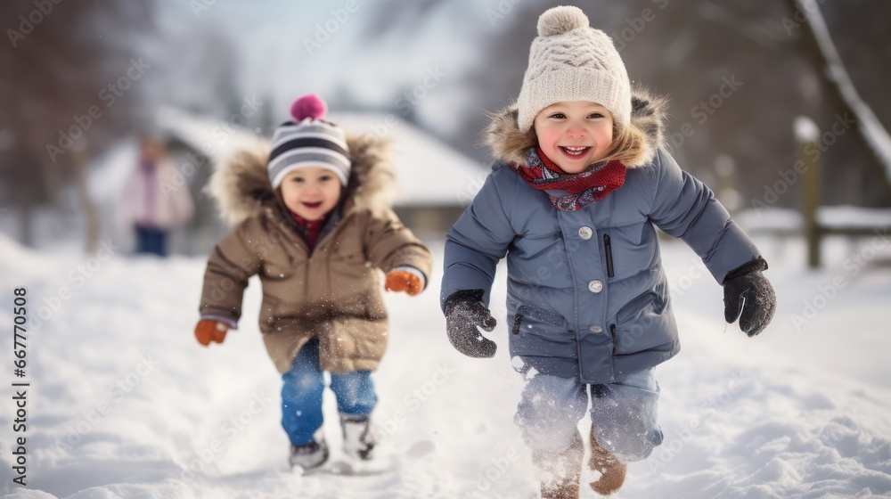 Two little girls or kids with happy faces, enjoying winter outdoors with their friends, running through the snow while dressed in warm clothing, winter coats, gloves, and hats