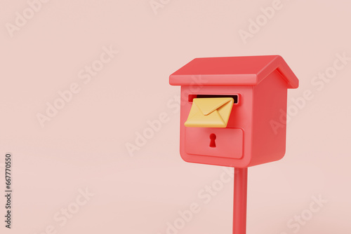 3d render illustration of Postbox with envelope. Mail delivery concept. Mailbox, Post office, Sent mail message, Incoming mail, Receive envelope, Message, email icon, Newsletter. Minimal cartoon