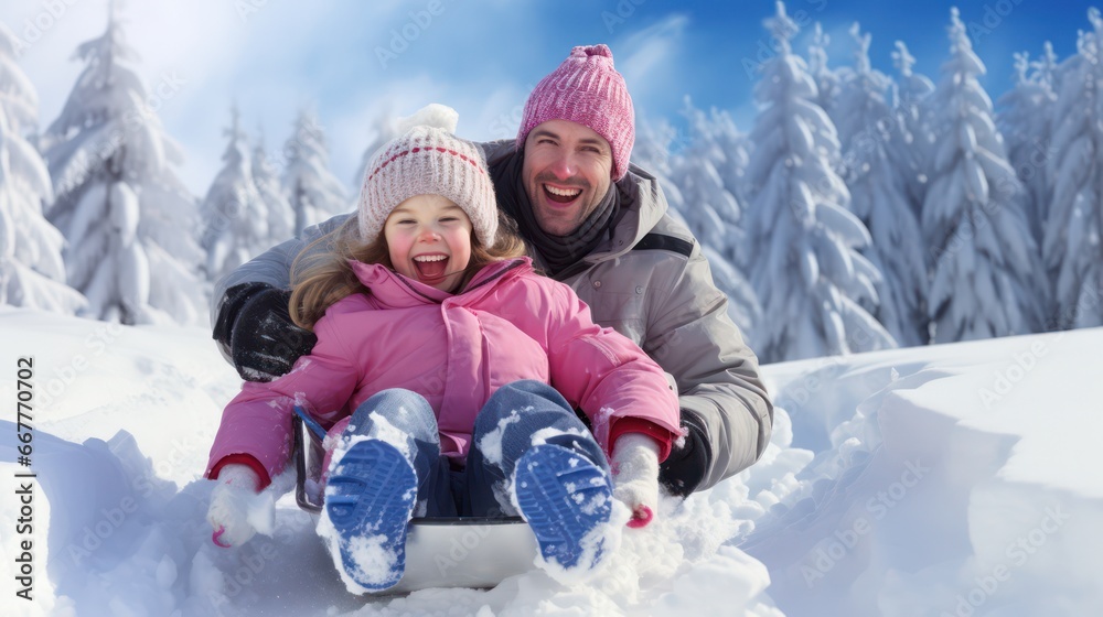A happy little girl and her dad are sliding through the snow, both dressed in warm clothing, including winter coats, gloves, and hats A happy little girl and her dad are sliding through the snow, both dressed in warm clothing, including winter coats, gloves, and hats