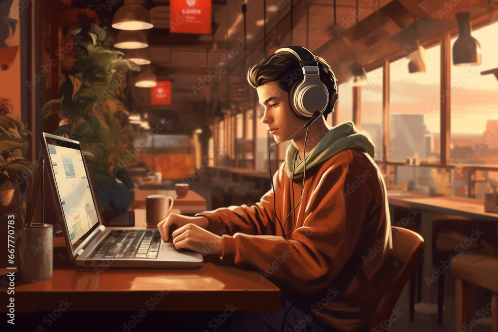 young developer in headphones working on laptop computer in the cafe young developer in headphones working on laptop computer in the cafe