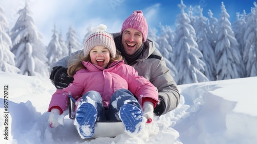 A happy little girl and her dad are sliding through the snow, both dressed in warm clothing, including winter coats, gloves, and hats