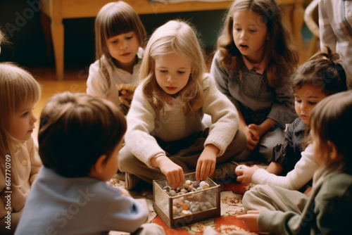 Children playing in toys in kindergarten photo