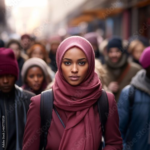 A young beautiful Islamic teenage girl, wearing a pink, purple hijab stands at the public space in a night big city with a smile on her face portrait, Generative AI.