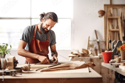 A male sculptor creates craft products in a workshop.